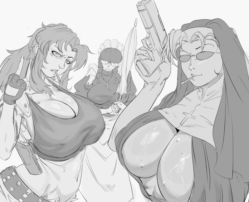 3girls big_breasts black_lagoon dreamy_pride eda_(black_lagoon) huge_breasts middle_finger revy roberta_cisneros tagme