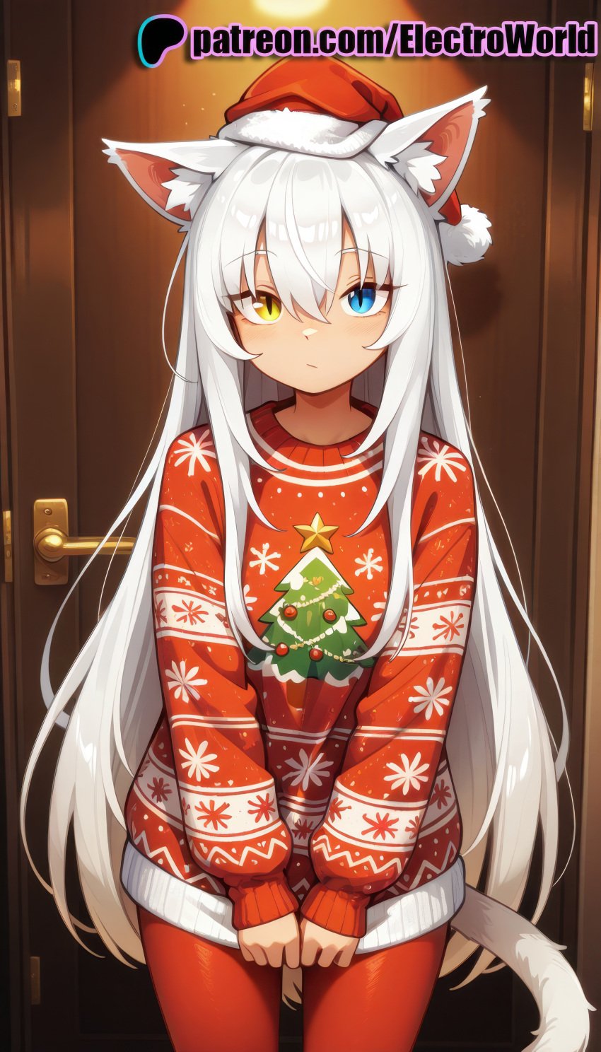 (nekopara) (sayori) 1girls 2025 ai ai_assisted ai_generated alternate_costume animal_ear_fluff animal_ears anime anime_girl anime_style artist_name blue_eyes cat_ears cat_tail christmas coconut electroworld eyebrows_visible_through_hair female hat heterochromia hi_res high_quality high_resolution highres long_hair long_sleeves looking_at_viewer merry_christmas nekopara pants patreon patreon_username red_sweater santa_hat sleeves_past_wrists solo stable_diffusion sweater tail watermark white_hair yellow_eyes