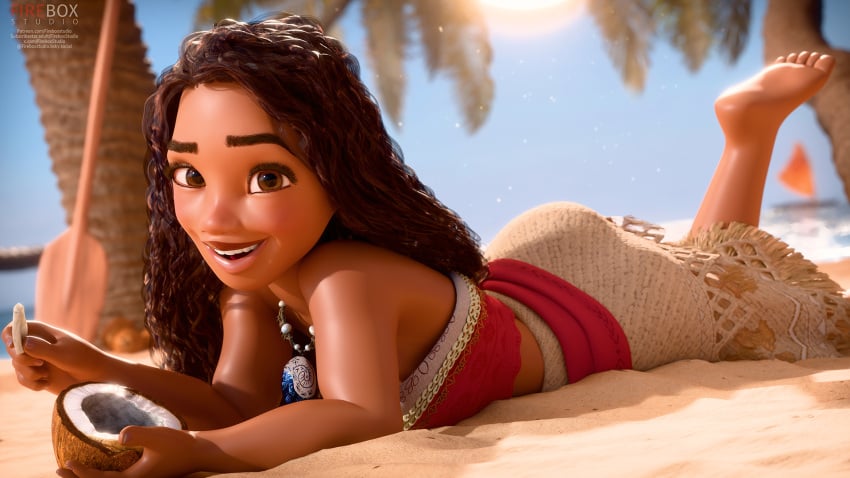 1girls 2025 3d 3d_(artwork) blender brown_hair brown_hair clothed clothing coconut curly_hair dark-skinned_female dark_skin detailed_background disney disney_princess female female_focus female_only fireboxstudio hi_res highres laying_down laying_on_stomach long_hair looking_at_viewer moana moana_2 moana_waialiki on_floor on_stomach palm_tree pose posing smile smiling solo solo_focus sunlight watermark