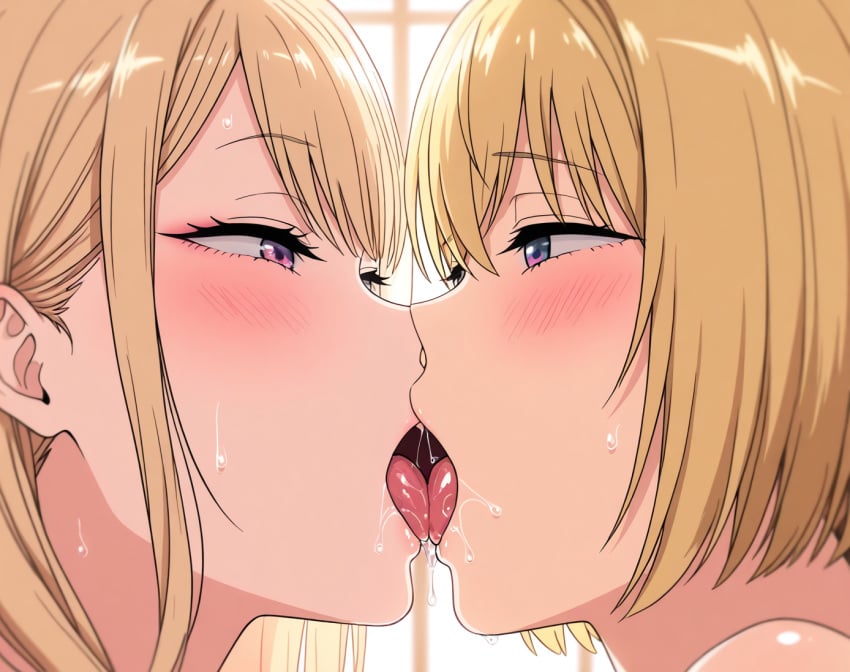 ai_generated armin_arlert attack_on_titan blonde_hair blue_eyes extreme_french_kiss face_to_face french_kiss kissing kissing kitagawa_marin purple_eyes saliva saliva_on_tongue sono_bisque_doll_wa_koi_wo_suru tongue_kiss