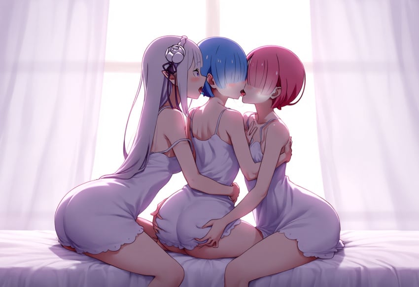 3girls ai_generated big_ass big_breasts big_butt blue_hair blush blushing_female blushing_profusely breasts_to_breasts breasts_touching breath bubble_ass bubble_butt cleavage dripping emilia_(re:zero) female female_only fff_threesome huge_ass incest kissing maid narrow_waist on_bed open_mouth pink_hair ram_(re:zero) re:zero_kara_hajimeru_isekai_seikatsu rem_(re:zero) saliva saliva_drip saliva_trail self_upload sisters sweatdrop sweating sweaty sweaty_body sweaty_breasts sweaty_butt thick_thighs tongue tongue_kiss wide_hips yeetyboi5000 yuri yuri yuri_incest