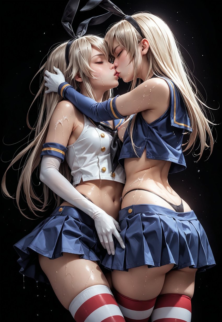 2girls abstract_background ai_generated arborgold blonde_hair bunny_ears closed_eyes crop_top exposed_breasts female female_only gloves hand_on_another's_head high_waisted_thong kissing long_hair miniskirt nipple_slip pale-skinned_female pale_skin selfcest serafuku shimakaze_(kantai_collection) skinny skirt_pull small_breasts stockings teenager thighhighs thighs thong wet_clothes wet_skin white_skin yuri