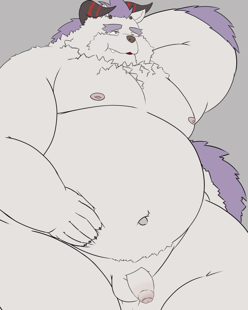 4:5 absurd_res anthro behemoth_(tas) belly eyebrows flaccid foreskin fupa fur genitals hair hi_res horn lifewonders male monster navel nipples nude one_eye_closed overweight penis peto3001 purple_hair solo thick_eyebrows tokyo_afterschool_summoners white_body white_fur wink