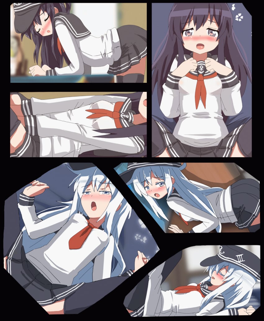 1boy akatsuki_(kantai_collection) animated bent_over black_eyes black_hair black_legwear blush bouncing_breasts breasts female futon hangaku hat heart heart-shaped_pupils hibiki_(kantai_collection) highres implied_sex kantai_collection long_hair offscreen_sex open_mouth out-of-frame_censoring pantyhose school_uniform serafuku sexually_suggestive silver_hair small_breasts solo_focus spread_legs symbol-shaped_pupils thighhighs zettai_ryouiki