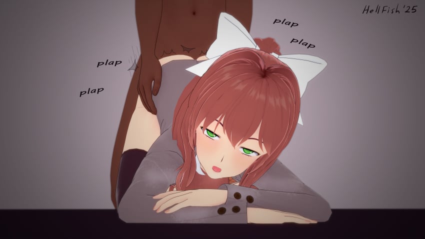 1boy 1girls 3d bow breasts brown_hair dark-skinned_male dark_penis dark_skin doki_doki_literature_club face_down_ass_up green_eyes hand_on_butt hellfish implied_penetration implied_sex interracial koikatsu looking_at_viewer monika_(doki_doki_literature_club) nude_male_clothed_female open_clothes open_jacket panties penis plap_(sound) school_uniform sex simple_background smile vaginal_penetration