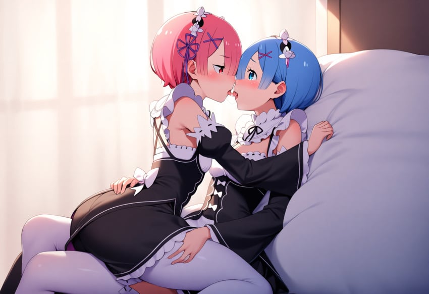 2girls ai_generated big_ass big_breasts big_butt blue_hair blush blushing_female blushing_profusely breasts_to_breasts breasts_touching breath bubble_ass bubble_butt cleavage dripping female female_only huge_ass incest kissing maid narrow_waist on_back on_lap open_mouth pink_hair ram_(re:zero) re:zero_kara_hajimeru_isekai_seikatsu rem_(re:zero) saliva saliva_drip saliva_trail self_upload sisters sweatdrop sweating sweaty sweaty_body sweaty_breasts sweaty_butt thick_thighs tongue tongue_kiss wide_hips yeetyboi5000 yuri yuri yuri_incest