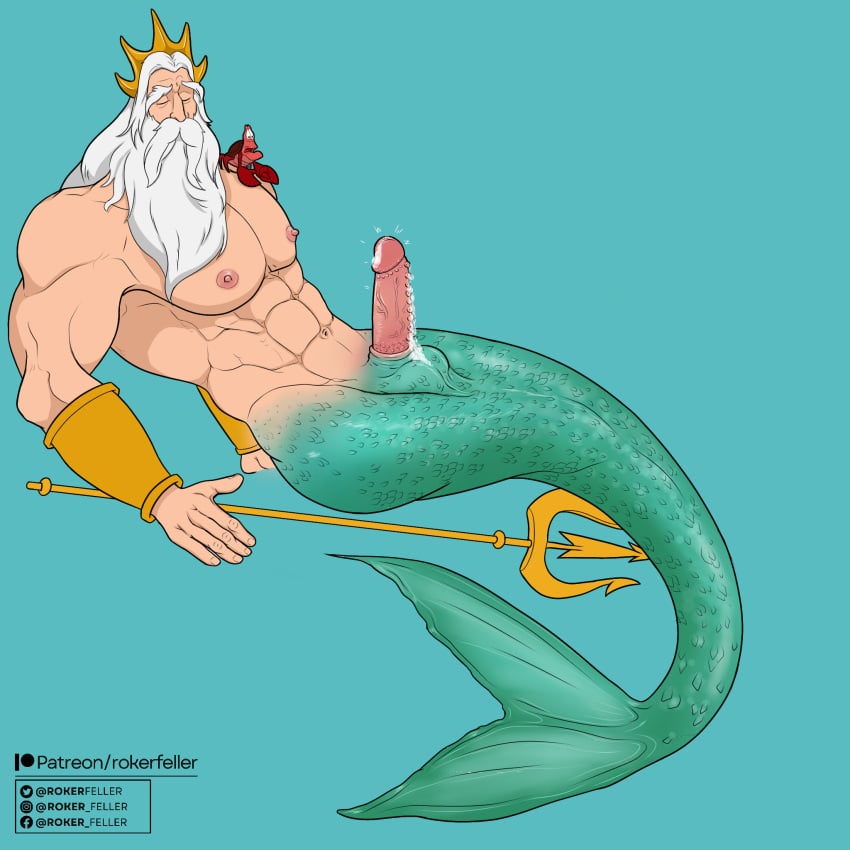 2boys bara beard crab cum cum_on_body cumshot disney erection erection_under_clothing eyes_closed glans king_triton male male_only monster_cock nipples pecs penis plain_background roker_feller sebastian_(disney) solo_focus the_little_mermaid