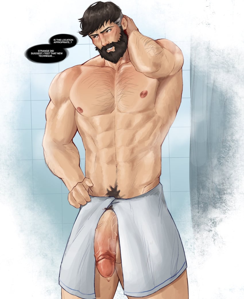 1boy bara beard biceps blush daddy dilf english_text exposed_penis gay hair looking_away male male_focus male_only manly marvel marvel_comics marvel_rivals mature_male mr_fantastic mr_fantastic_(marvel_rivals) muscular muscular_male nipples pleasemf reed_richards repulsedmf semi-erect shower talking_to_another text text_bubble towel towel_around_waist yaoi