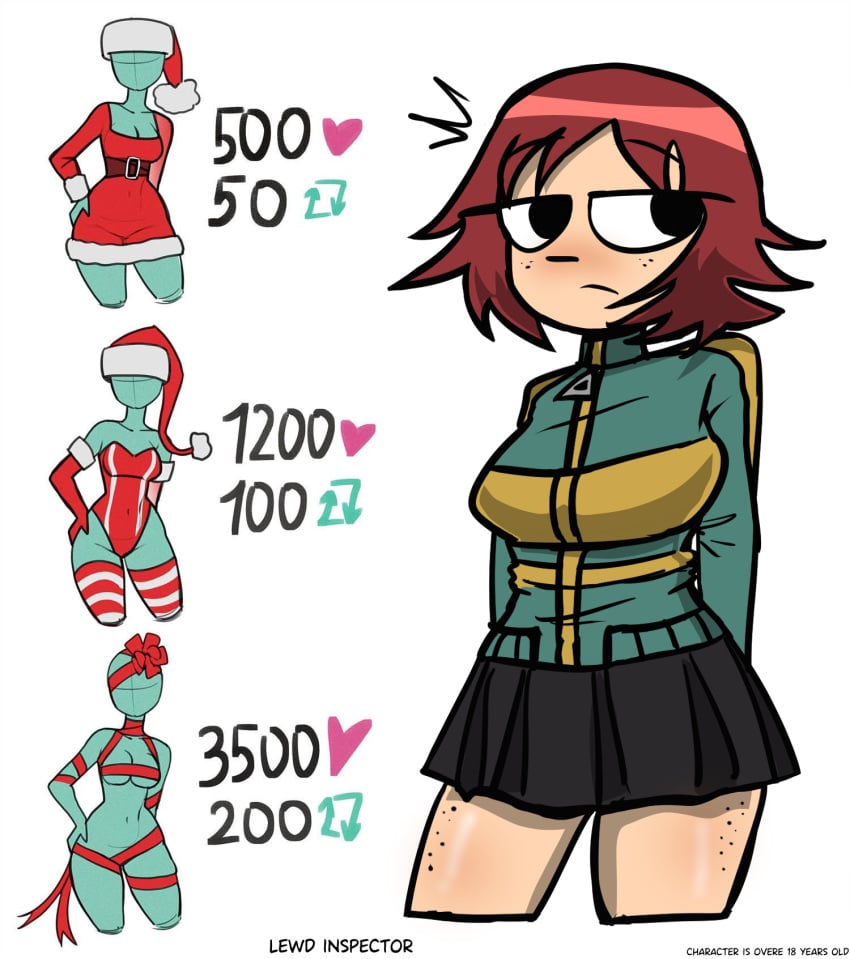 christmas christmas_2024 christmas_outfit freckles jacket kim_pine lewd_inspector red_hair scott_pilgrim scott_pilgrim_takes_off skirt twitter_strip_game_(meme) white_background