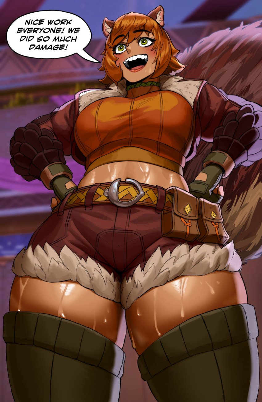 fully_clothed marvel_rivals sotcho squirrel_girl_(marvel) sweat sweatdrop sweaty thick_thighs thighhighs wide_hips