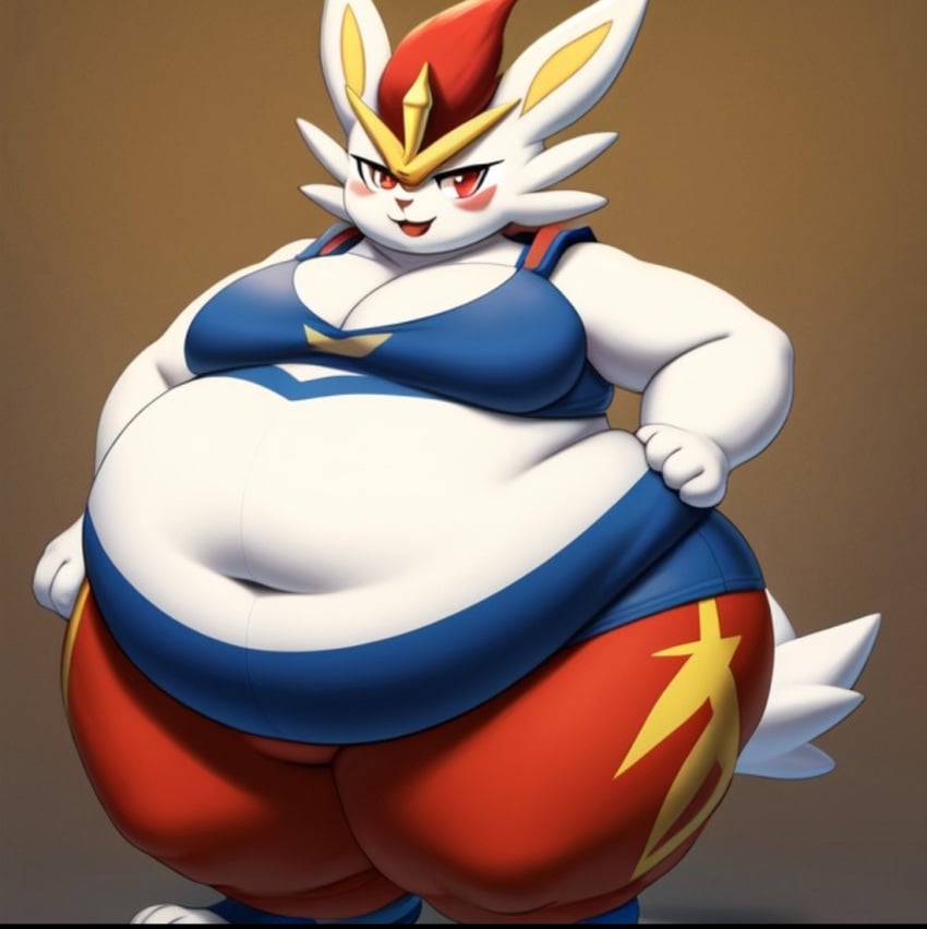 ai_generated big_belly big_thighs bunny chubby cinderace fat female furry obese pokemon pokemon_(species) sports_bra