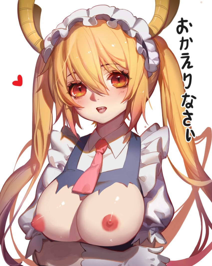 <3 1girls blonde breasts dragon dragon_girl dragon_horns female female_only gloves hair_ornament high_resolution horns japanese_text kyomon large_breasts long_hair maid miss_kobayashi's_dragon_maid monster monster_girl necktie nipples solo songjikyo text tied_hair tohru_(dragon_maid) translation_request twintails upper_body very_long_hair x_hair_ornament yellow_eyes