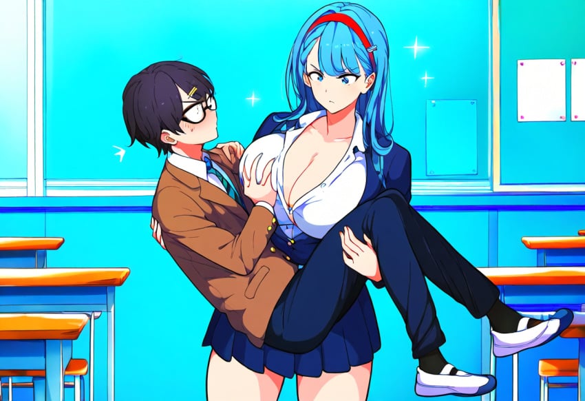 1boy ai_generated breast_grab breasts cleavage female huge_breasts large_breasts long_hair school_uniform size_difference smile