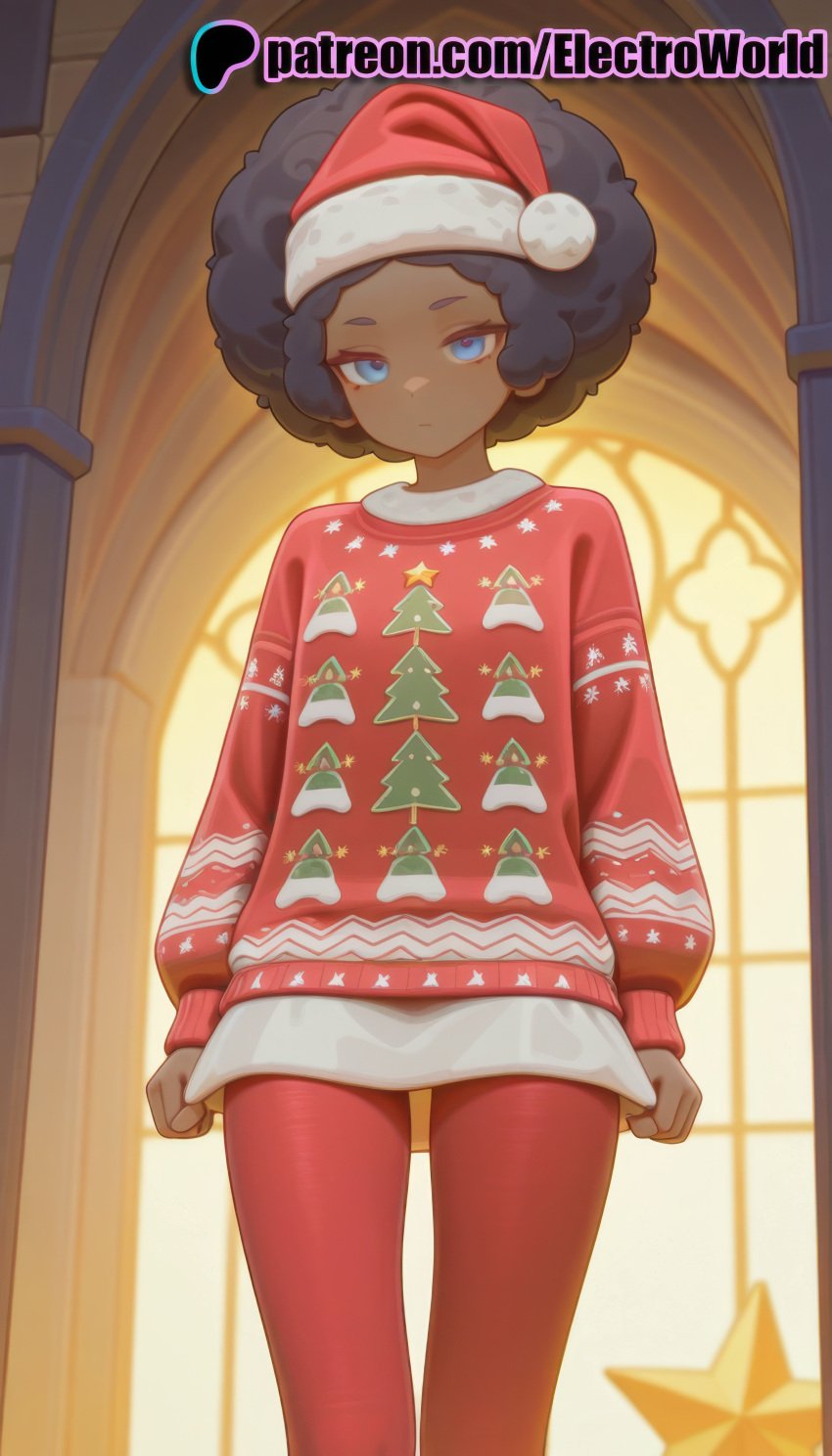 1girls 2025 afro afrolatina ai ai_assisted ai_generated anime anime_girl anime_style artist_name blue_eyes blurry christmas christmas_tree clothes_writing dark_skin electroworld english_text female fur-trimmed_headwear fur-trimmed_jacket fur_trim hat hi_res high_quality high_resolution highres indoors jacket looking_at_viewer merry_christmas patreon patreon_username red_headwear red_jacket santa_costume santa_hat solo stable_diffusion standing watermark window