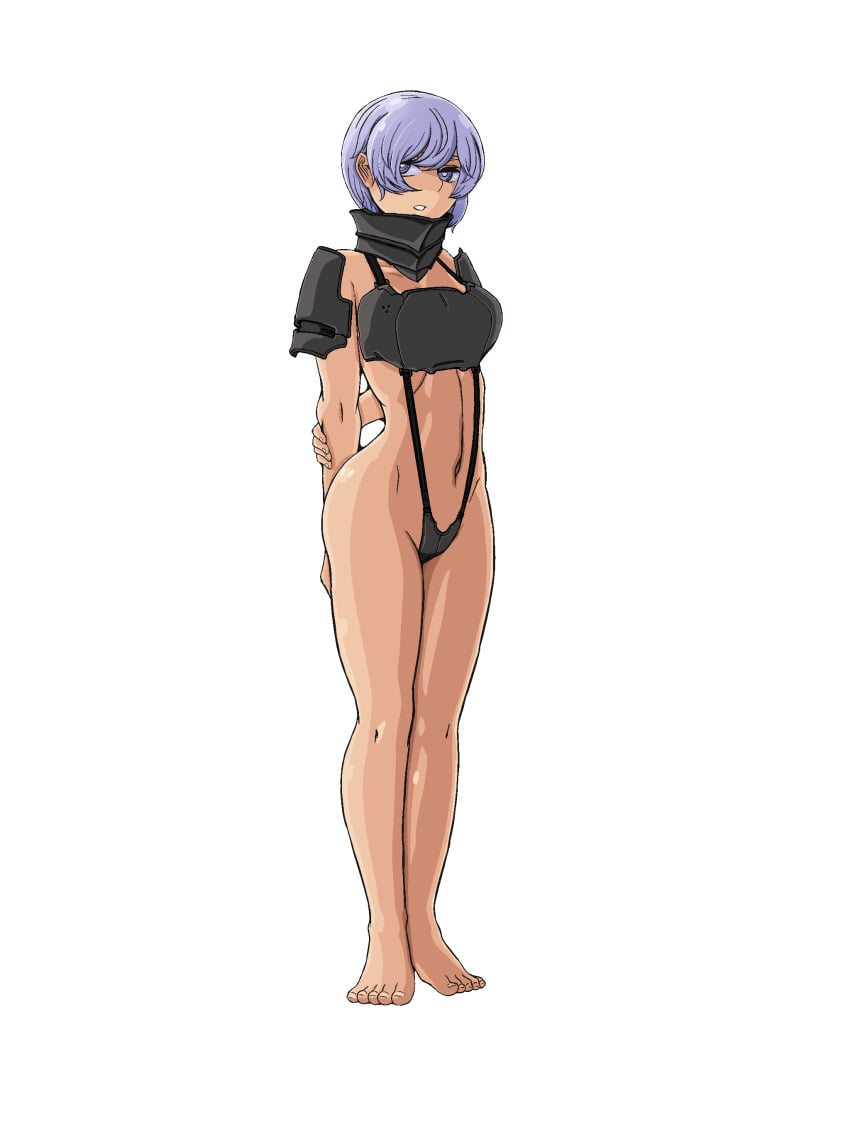 armor arms_behind_back ass doekuramori eyebrows feet fingernails full_body hair_between_eyes martyr_(the_citadel) match navel official_art open_mouth panties purple_eyes purple_hair shoulder_plates standing teeth the_citadel the_martyr toenails toes tomboy transparent_background underwear