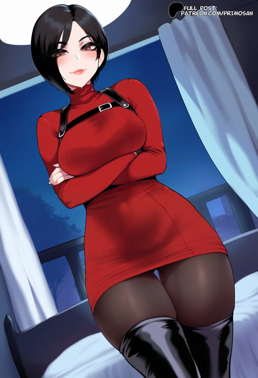 ada_wong ai_generated black_boots black_hair black_pantyhose boots brown_eyes crossed_arms dress hi_res high_heel_boots highres mature_female medium_breasts pantyhose primosan red_sweater resident_evil resident_evil_4 resident_evil_4_remake short_hair smile standing sweater thigh_boots thigh_gap