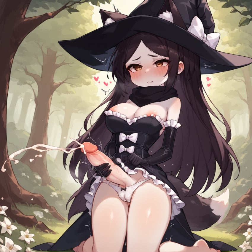 1girls ai_generated angry ass black_hair blush breasts brown_eyes cum flower_witch forced fox_ears fox_girl fox_tail futa_only futanari large_penis looking_at_viewer masturbation medium_breasts nako_(flower_witch) puffy_nipples sad short_shorts stable_diffusion strapless uwuia white_panties witch witch_hat