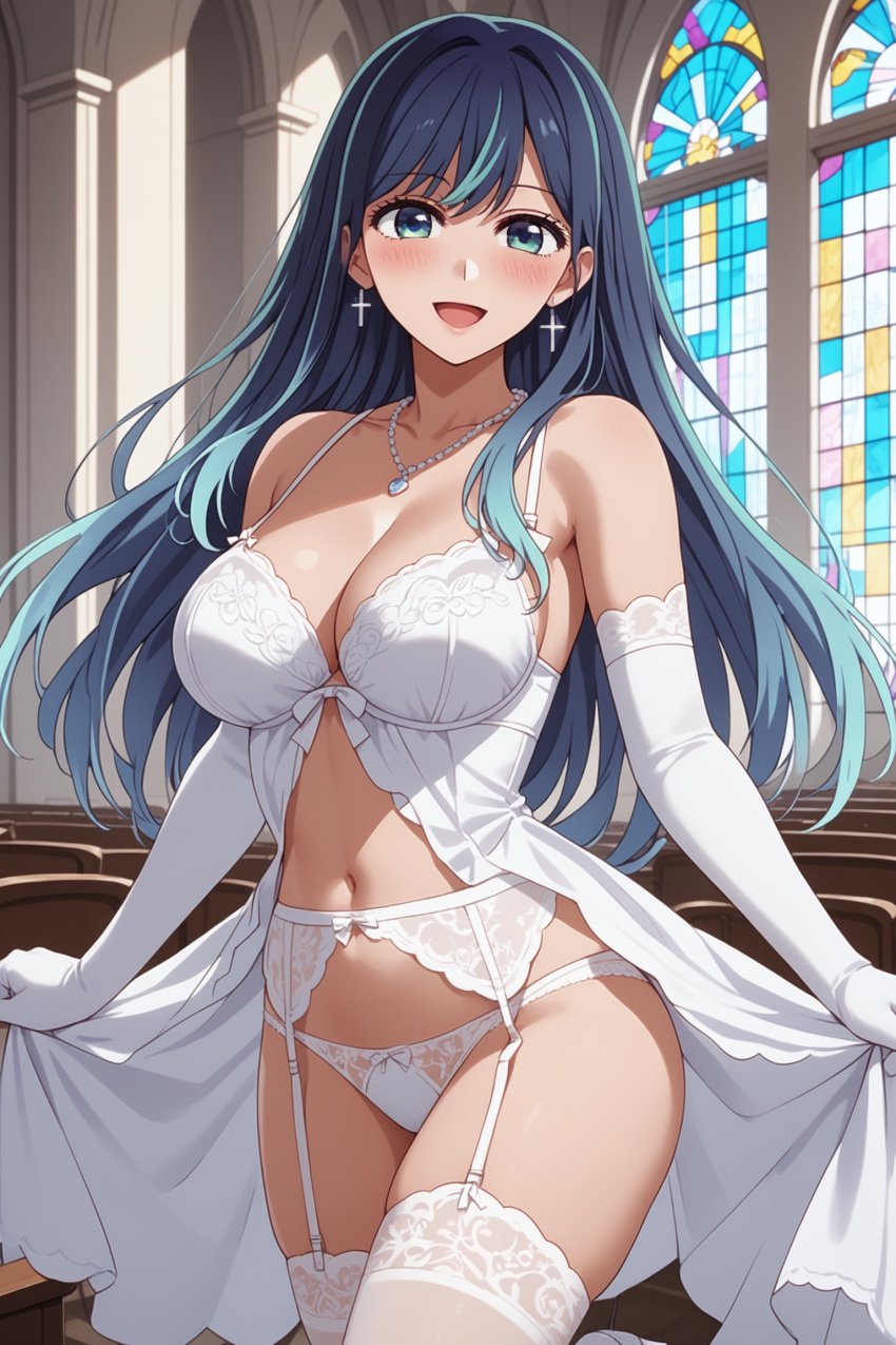 ai_generated big_breasts blue_hair cross kurokawa_akane oshi_no_ko wedding wedding_dress