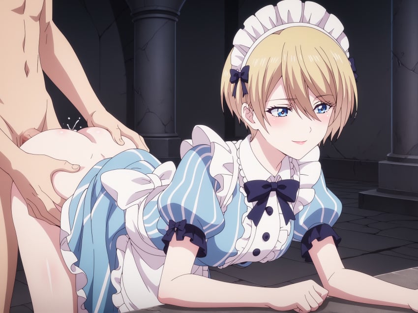 ai_generated ass ass_focus ass_grab big_ass big_breasts blonde_hair blue_eyes blush doggy_style doggy_style faceless_male hououji_akane maid maid_headdress maid_uniform medium_hair megami_no_kafeterasu sex storb