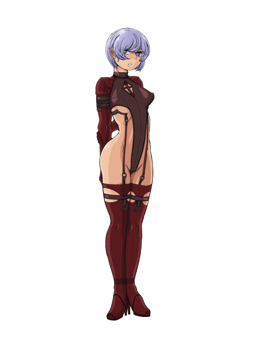 arms_behind_back boots breasts cleavage_cutout clothing_cutout doekuramori eyebrows full_body garter_belt garter_straps hair_between_eyes high_heel_boots high_heels leotard martyr_(the_citadel) match official_art open_mouth purple_eyes purple_hair red_leotard red_thighhighs standing teeth the_citadel the_martyr thigh_boots thighhighs transparent_background underboob