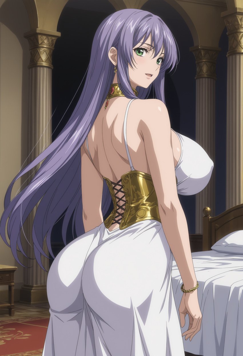 1girls ai_generated aindroidparanoid bed dat_ass earrings female goddess gold_jewelry green_eyes hi_res huge_ass huge_breasts jewelry long_hair looking_at_viewer looking_back no_canon purple_hair rear_view saint_seiya:_the_lost_canvas sasha_(saint_seiya) solo spinoff teenager voluptuous white_dress