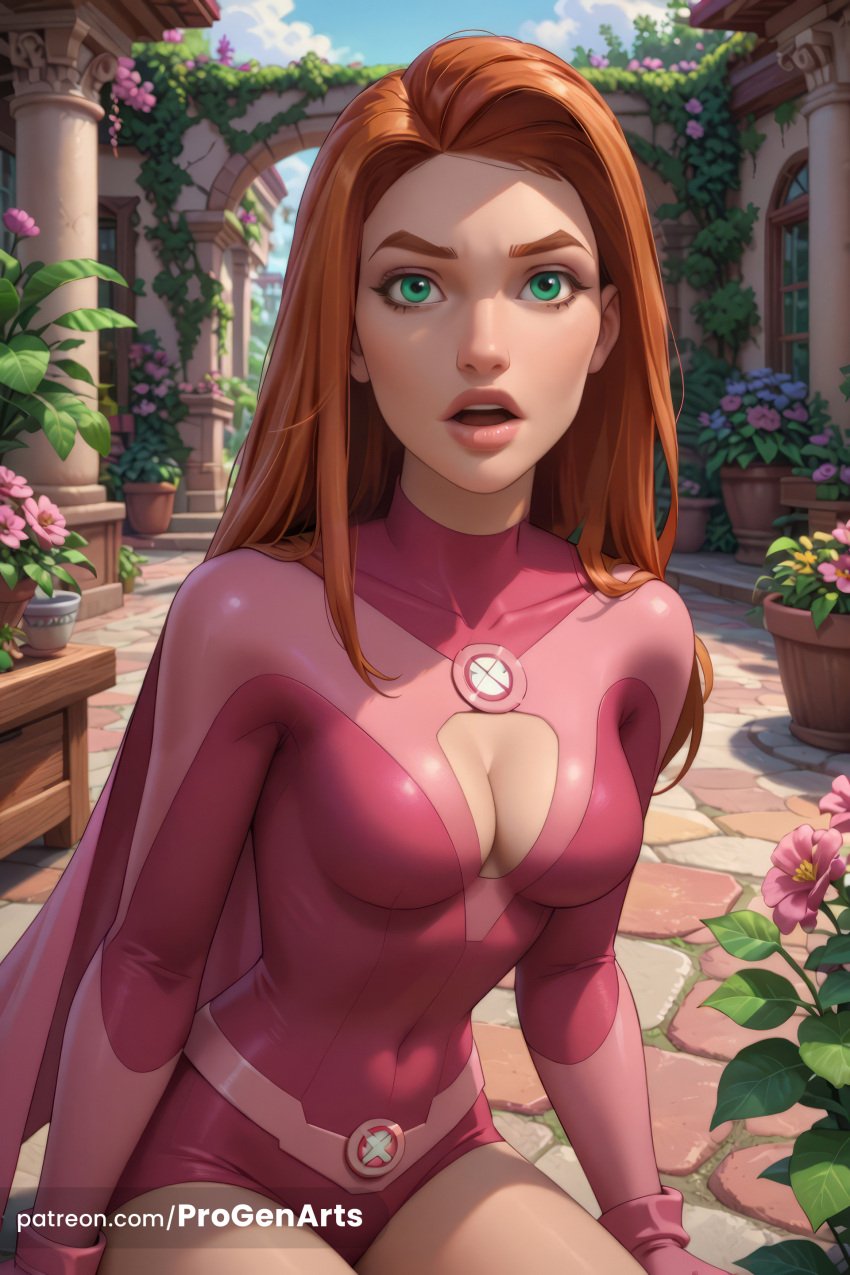 1girls ai_generated amazon_prime artist_name atom_eve blue_sky bodysuit breasts brown_hair cape cleavage cleavage_cutout clothing_cutout cloud covered_navel day flower gloves green_eyes hi_res image_comics invincible invincible_(comics) invincible_(tv_series) leotard lips long_hair looking_at_viewer medium_breasts open_mouth orange_hair outdoors patreon_username pink_gloves pink_leotard plant potted_plant progenarts samantha_eve_wilkins sitting skin_tight sky solo superhero teeth web_address