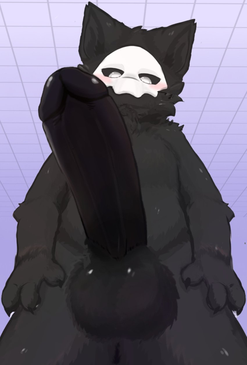 anthro archie_(artist) balls black_body black_fur blush bodily_fluids canid canine canis changed_(video_game) digital_media_(artwork) fur genitals hair hi_res humanoid_genitalia humanoid_penis looking_at_viewer male male_only mammal mask penis puro_(changed) simple_background smile solo wolf