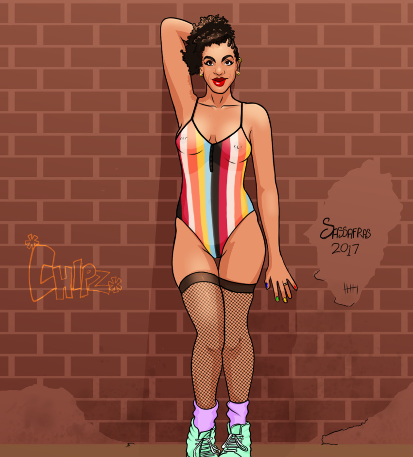 afro bill_potts black_hair braids brown_eyes dark-skinned_female dark_skin doctor_who ear_piercings female fishnet_stockings lipstick nail_polish nipple_piercings one-piece_swimsuit one_piece_swimsuit pearl_mackie sassafras