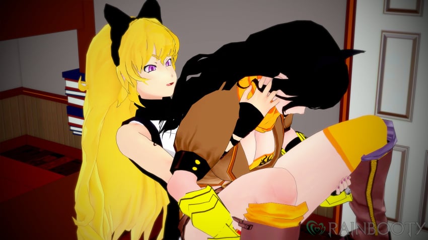 1futa 1girls 3d black_hair blake_belladonna blonde_hair canon_couple catgirl female full_nelson futa_on_female futanari rainbooty rwby yang_xiao_long