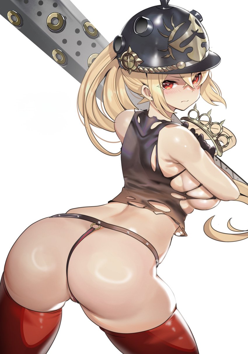 absurdres armpit_crease ass ass_focus bare_shoulders baseball_bat black_gloves black_shirt blonde_hair blush breasts closed_mouth combat_helmet commentary crossed_bangs female from_behind gloves hair_between_eyes hat helmet highres holding holding_baseball_bat huge_ass long_hair looking_at_viewer looking_back luciana_de_montefio medium_breasts metal_baseball_bat midriff no_bra peaked_cap pickelhaube red_eyes red_thighhighs shirt side_ponytail simple_background skindentation sleeveless sleeveless_shirt solo teddypocky thick_thighs thighhighs thighs thong torn_clothes torn_shirt white_background zenless_zone_zero