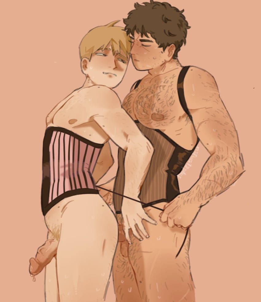 2boys arataka_reigen corset cum cum_drip hairy_chest hairy_male katsuya_serizawa male male_only mob_psycho_100 nsfws18plus penis penis_in_ass