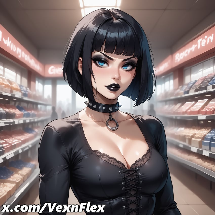 ai_generated bangs black_hair black_lips blue_eyes blunt_bangs bob_cut breasts cleavage collar collarbone convenience_store english_text eyeshadow female goth goth_girl gothic hi_res high_resolution indoors lace lace_trim lily_(vexnflex) lipstick looking_at_viewer makeup mascara medium_breasts meme shirt shop short_hair solo spiked_collar upper_body vexnflex watermark