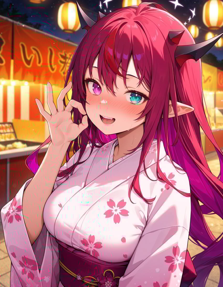 1girls ai_generated blue_eyes blush fellatio_gesture halo hololive horns irys_(hololive) kimono large_breasts long_hair pink_eyes pointy_ears red_hair virtual_youtuber