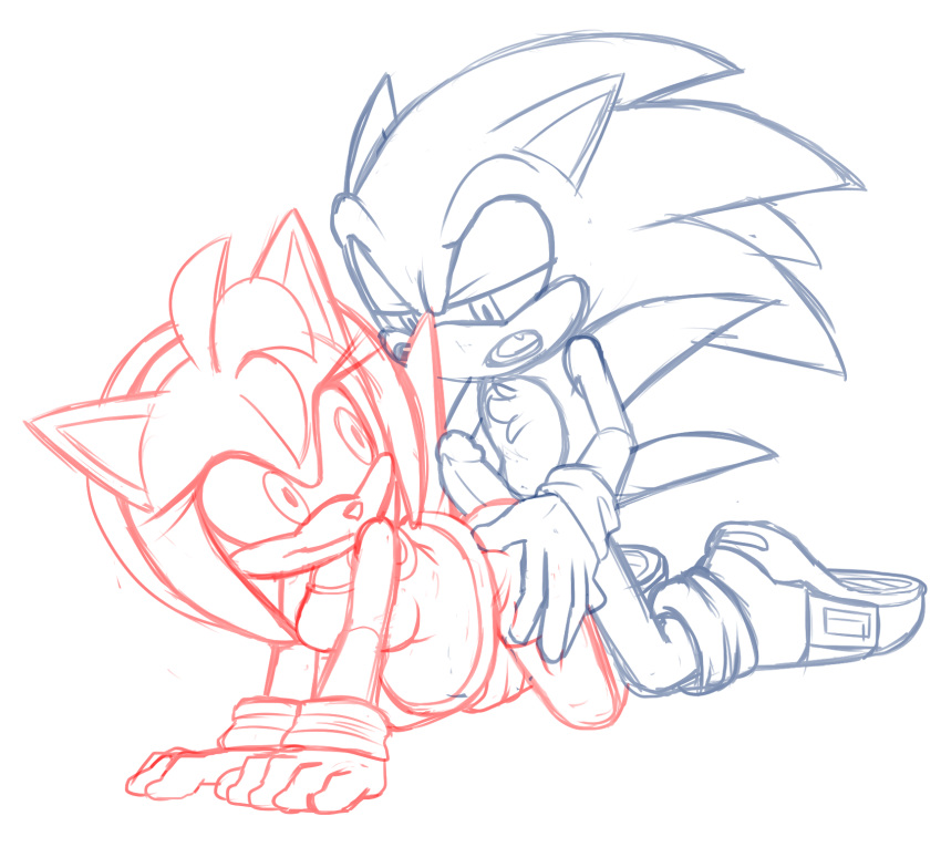 1boy 1girls all_fours amy_rose ass buttjob erection from_behind furry hedgehog kneeling monochrome on_all_fours partially_colored penis skyeprower sonic_(series) sonic_the_hedgehog