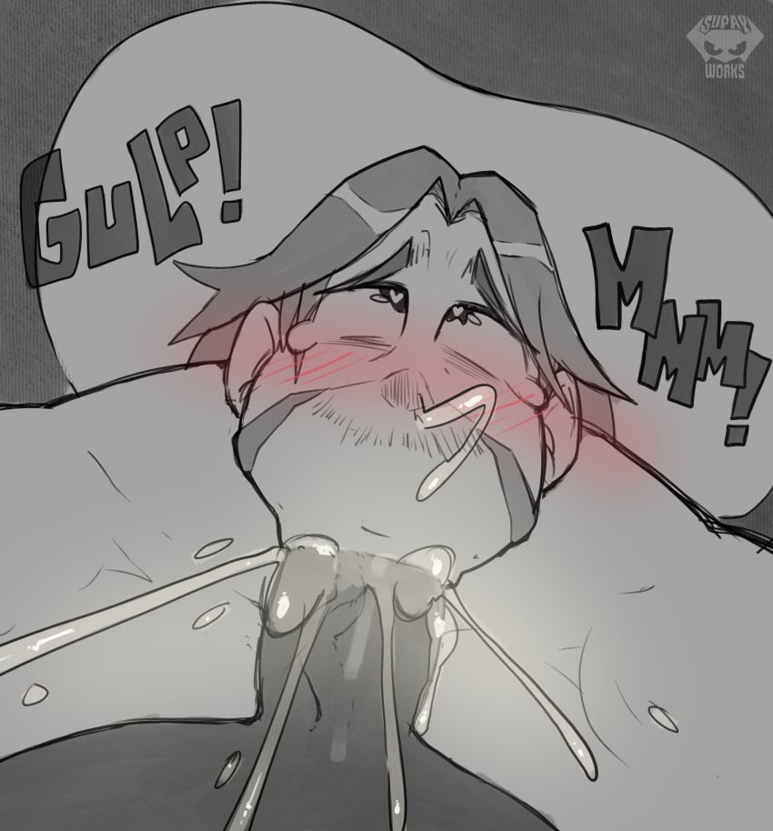 blowjob blush cole_cassidy face_closeup gay gay_blowjob male male/male male_only overwatch overwatch_2 supay yaoi