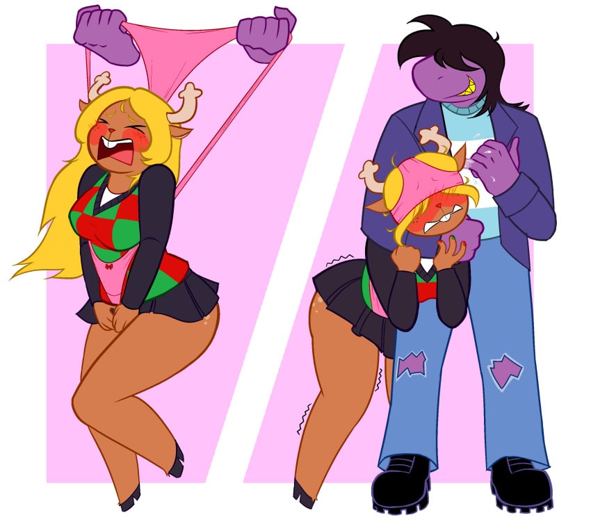 atomic_wedgie bullying deltarune humiliation noelle_(deltarune) noelle_holiday panties pink_panties susie_(deltarune) wedgie