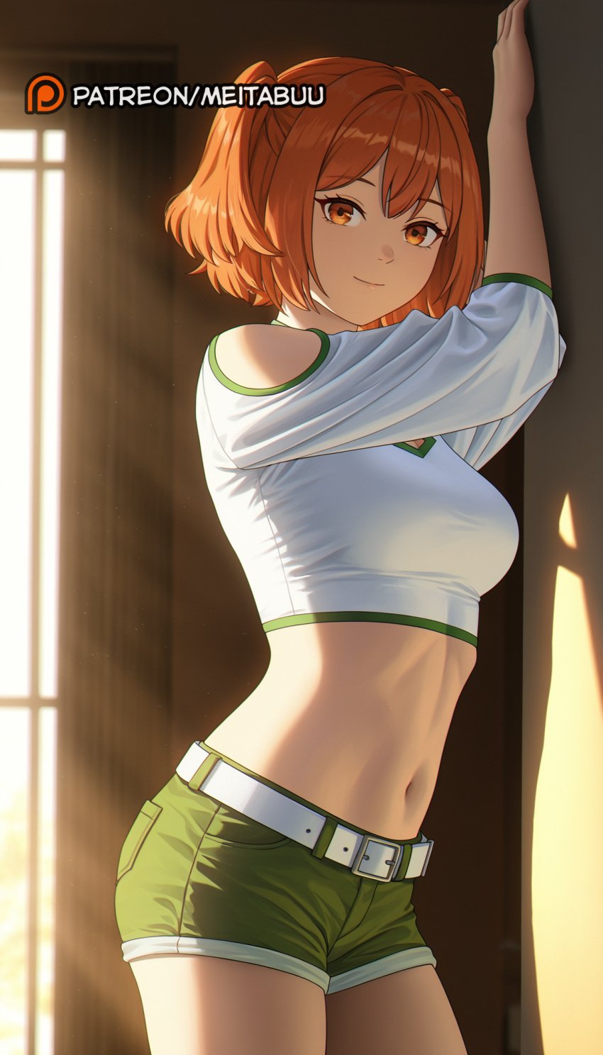 against_wall ai_generated arms_up belt belt_buckle breasts buckle closed_mouth clothing_cutout cowboy_shot crop_top cropped_shirt female frieren_beyond_journey's_end green_shorts indoors light_rays long_sleeves looking_at_viewer medium_breasts meitabuu midriff navel orange_eyes orange_hair shirt short_hair short_shorts shorts shoulder_cutout sidelightingkanne_(sousou_no_frieren) smile solo sousou_no_frieren standing stomach sunbeam sunlight taut_clothes thighs twintails two_side_up white_belt white_shirt window