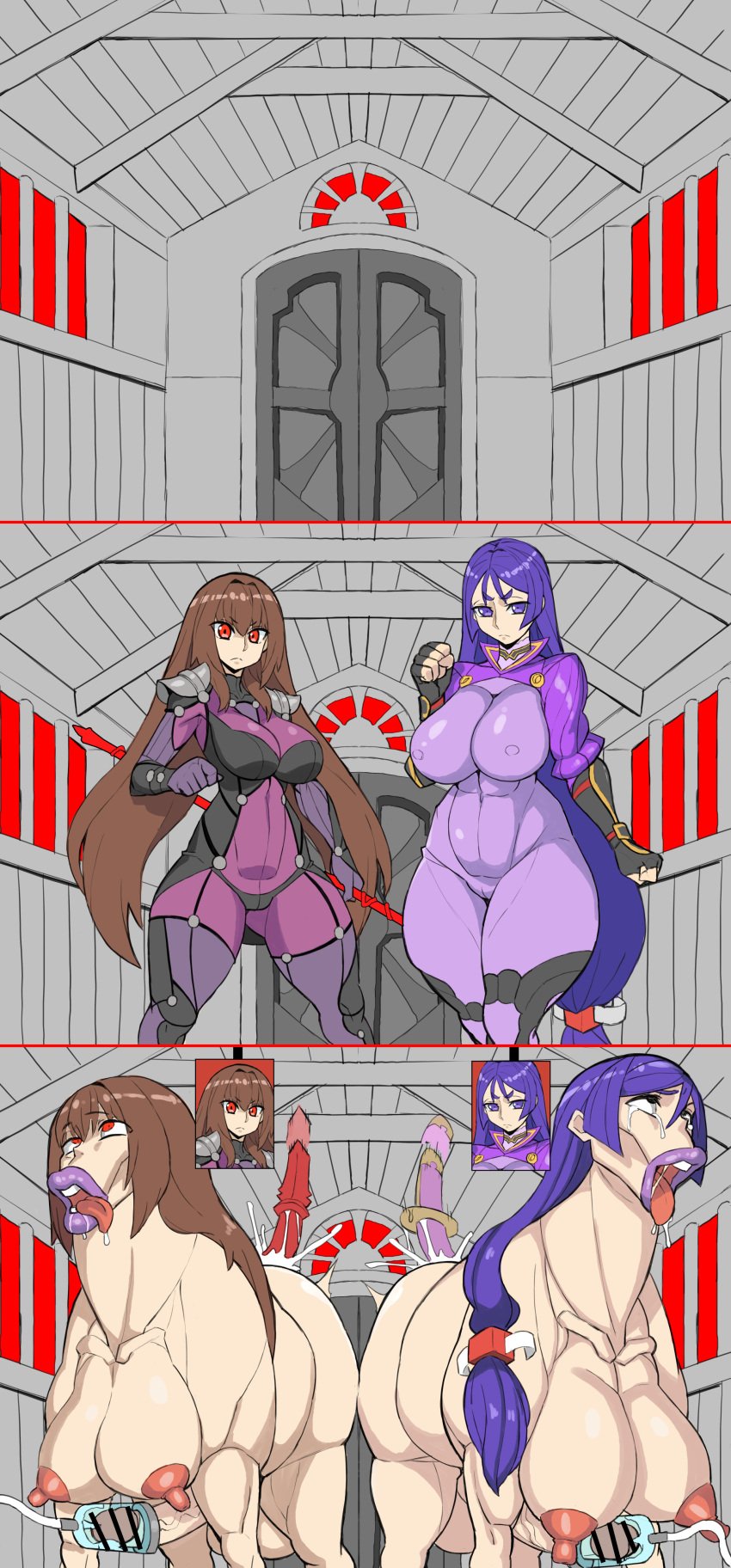 :>= ahe_gao anal_sex anal_stimulation before_and_after big_ass big_balls big_breasts big_penis big_testicles bodily_fluids brown_hair buttplug censor_bar censored crying crying_with_eyes_open dorse eyes_rolling_back fate_(series) gynomorph huge_balls huge_breasts huge_cock human lips looking_up milking milking_machine minamoto_no_raikou_(fate/grand_order) nikujuu_uc orgasm orgasm_face pointless_censoring purple_eyes purple_hair purple_lips queen's_stallion red_eyes saliva saliva_drip scathach_(fate) scythe spear species_transformation sword thick_thighs transformation transformation_sequence