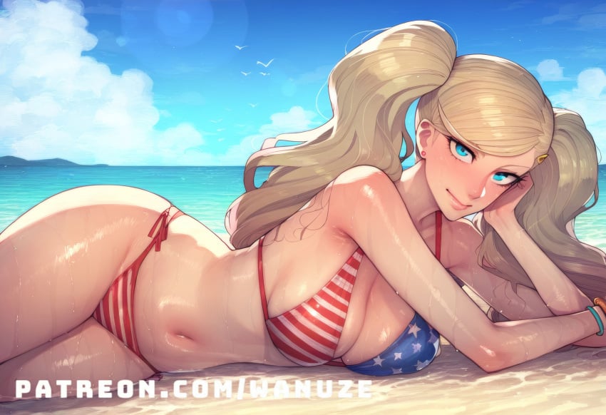 ai_generated american_flag american_flag_bikini ann_takamaki beach big_ass big_breasts big_butt big_thighs blonde_hair blue_eyes blush huge_ass huge_butt huge_thighs lying medium_breasts on_side persona persona_5 takamaki_anne twintails wanuze wide_hips