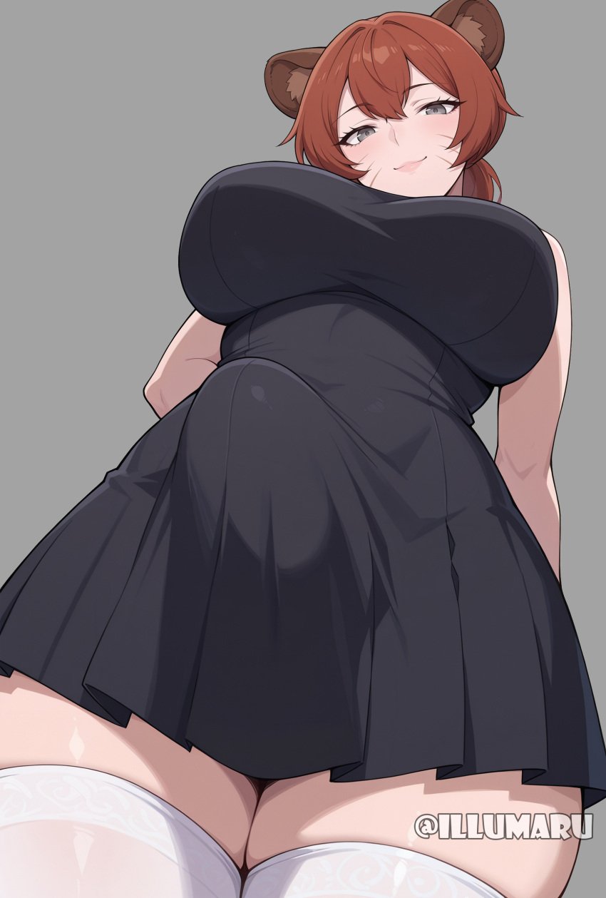 1girls 2025 adult ai_generated auburn_hair breasts bulge bulge_through_clothing dress female from_below front_view hi_res illumaru illumaru-chan large_breasts oc original_character patreon_username ponytail raccoon raccoon_ears raccoon_girl seductive seductive_look seductive_smile solo solo_focus stable_diffusion standing text thick_thighs