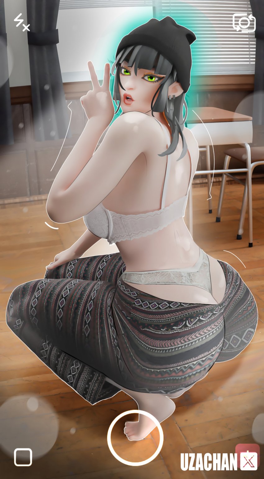 1female 1girls 3d ass ass ass_cleavage ass_focus bare_shoulders barefoot big_ass big_butt bra countess_daraku_(fortnite) crouching crouching_female earrings epic_games feet female female female_only fortnite fortnite:_battle_royale green_eyes hat light-skinned_female light_skin looking_at_viewer looking_back looking_back_at_viewer open_mouth panties panties_visible pants_down peace_sign presenting presenting_ass solo solo_female tagme uzachan v_sign