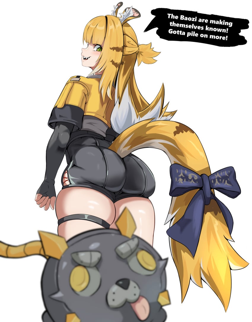 1girls ass ass_focus english_text from_behind green_eyes ju_fufu ju_fufu_(zenless_zone_zero) kemono sharp_teeth smirk tagme yellow_hair zenless_zone_zero