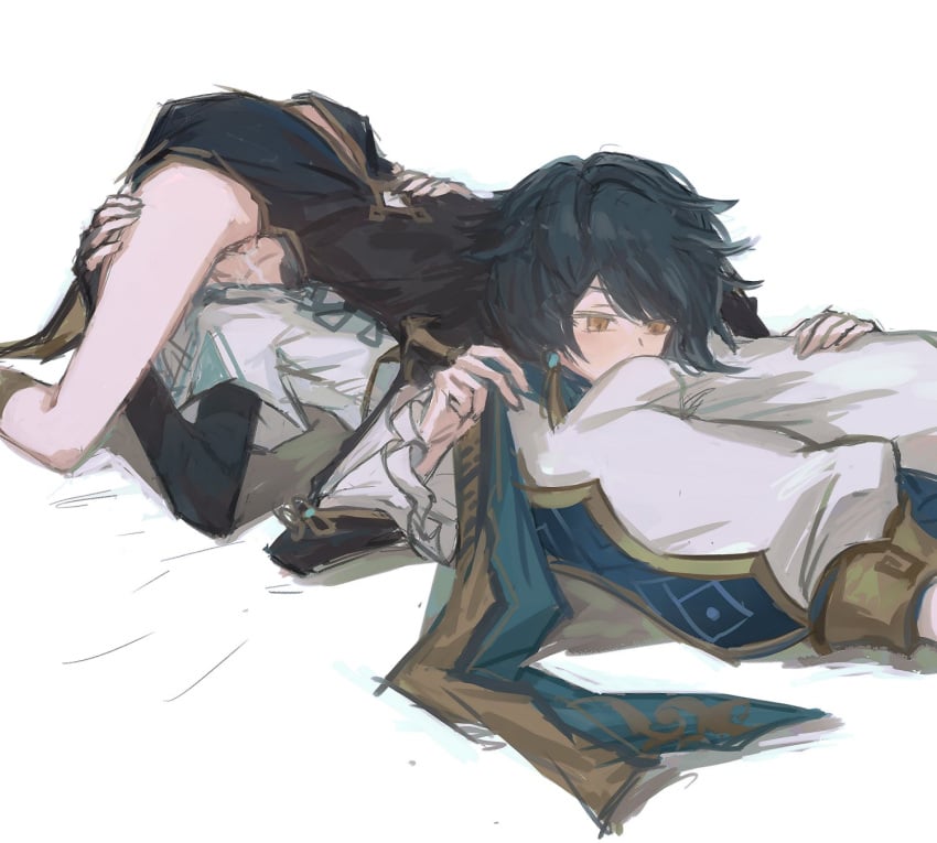 2boys 69 asymmetrical_bangs blue_hair bulge_to_face changpao chinese_clothes chongyun_(genshin_impact) clothed_sex earrings frilled_shirt frilled_sleeves frills gay gay_sex genshin_impact highres jewelry lying male male_focus messy_hair multiple_boys oral shirt simple_background thighs tuhuoooo white_background xingqiu_(genshin_impact) yaoi yellow_eyes