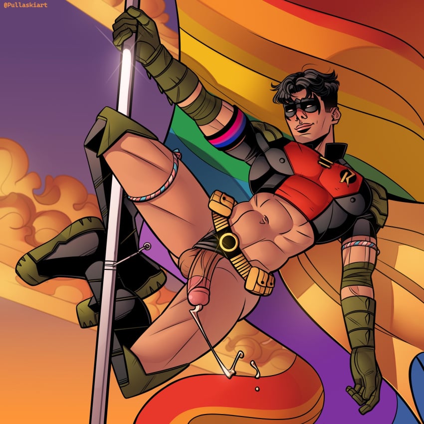 circumcised crop_top dc_comics jockstrap jockstrap_aside male male_only partially_clothed pole_dancing precum_drip precum_string pride_colors pride_flag pullaskiart robin_(dc) robin_(tim_drake) shaved_crotch superhero tim_drake