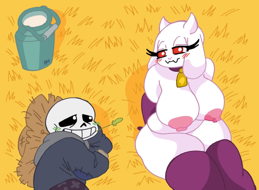 1boy 1girls big_breasts blush bone breasts chubby clothing cow_girl curvy farm farm_sans farmtale female goat lilievilla male milk milking nude nude_female sans skeleton smile toriel
