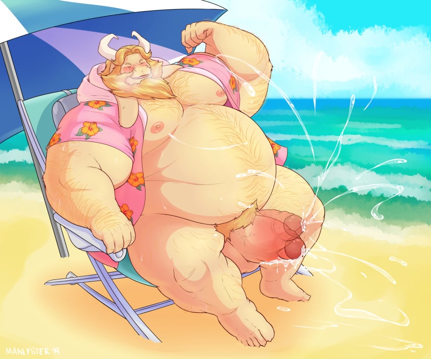 anthro asgore_dreemurr balls bara beard big_penis body_hair boner bottomless cum deltarune erection facial_hair flexing furry goat horns male male_only manlyster musclegut muscles muscular open_shirt orgasm overweight pantsless penis shirt sitting solo solo_male sweat sweating undertale