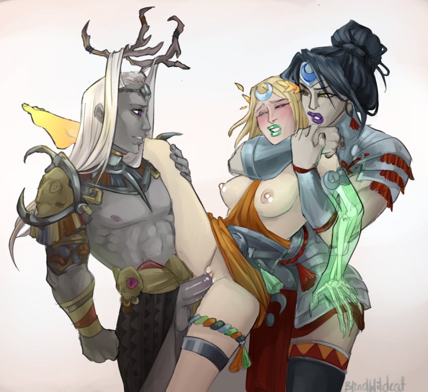 2girls1boy armor bisexual black_hair blindwildcat blonde_female blonde_hair choke_hold choking female grey_skin hades_(game) hades_2 hair_up headdress light-skinned_female long_hair long_hair_female long_hair_male male melinoe_(hades) moros muscular muscular_female muscular_male nemesis_(hades) pale-skinned_female partially_clothed penetration penis_in_pussy size_difference small_breasts threesome