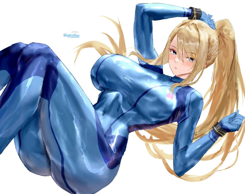 blonde_hair blue_bodysuit blue_eyes blush bodysuit breasts commentary female highres igiroitsu impossible_bodysuit impossible_clothes large_breasts long_hair looking_at_viewer metroid mole mole_under_mouth nintendo ponytail samus_aran simple_background skin_tight solo zero_suit