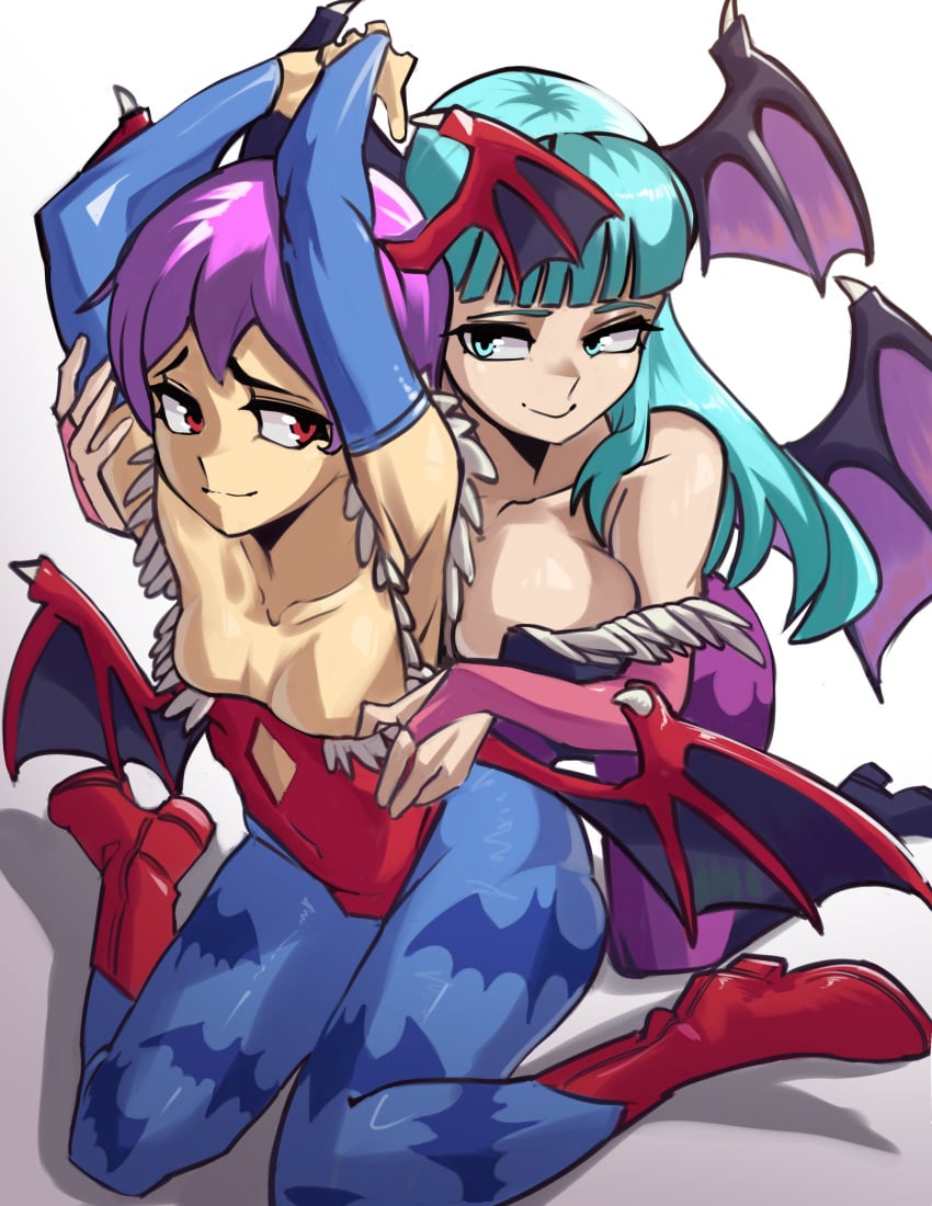 2girls absurdres animal_print armpits bat_print black_leotard blue_pantyhose breasts bridal_gauntlets collarbone darkstalkers demon_girl demon_wings diamond_cutout female green_eyes green_hair head_wings highres large_breasts leotard lilith_(darkstalkers) morrigan_aensland moxydraws multiple_girls pantyhose purple_hair purple_pantyhose red_eyes red_leotard short_hair smile strapless strapless_leotard white_background wings yuri