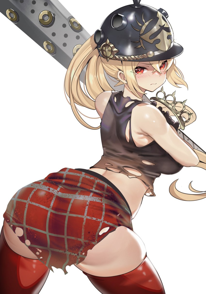 absurdres ass bare_shoulders baseball_bat black_gloves black_shirt blonde_hair blush closed_mouth combat_helmet commentary crossed_bangs female from_behind gloves hair_between_eyes hat helmet highres holding holding_baseball_bat long_hair looking_at_viewer looking_back luciana_de_montefio metal_baseball_bat midriff peaked_cap pickelhaube plaid_clothes plaid_sarong red_eyes red_sarong red_thighhighs sarong shirt side_ponytail simple_background skindentation sleeveless sleeveless_shirt solo teddypocky thick_thighs thighhighs thighs torn_clothes torn_shirt white_background zenless_zone_zero